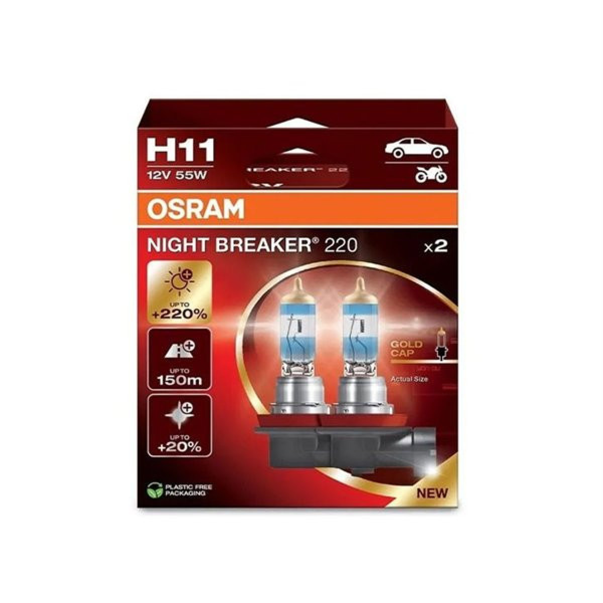 OSRAM Billampor NIGHT BREAKER +220% H11 55W 12V PGJ19-2, 2 st