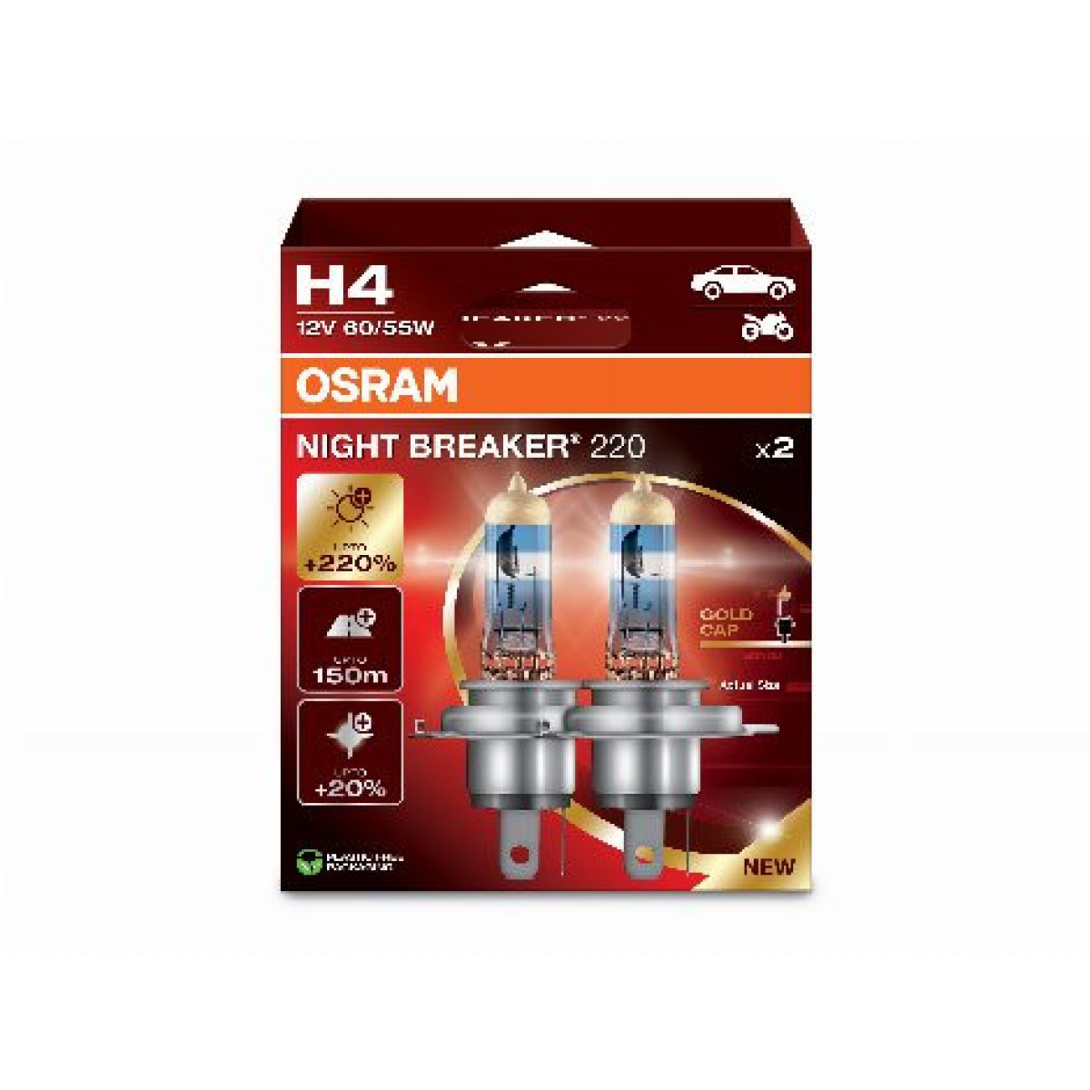 OSRAM Billampor NIGHT BREAKER +220% H4 60/55W 12V P43T, 2 st