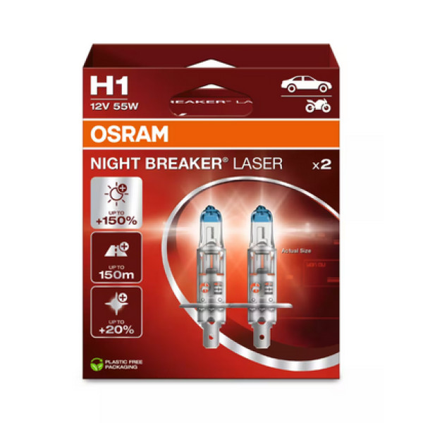 OSRAM Night Breaker Laser +150% H1 P14.5S, Billampor, 55W 12V, 2 st