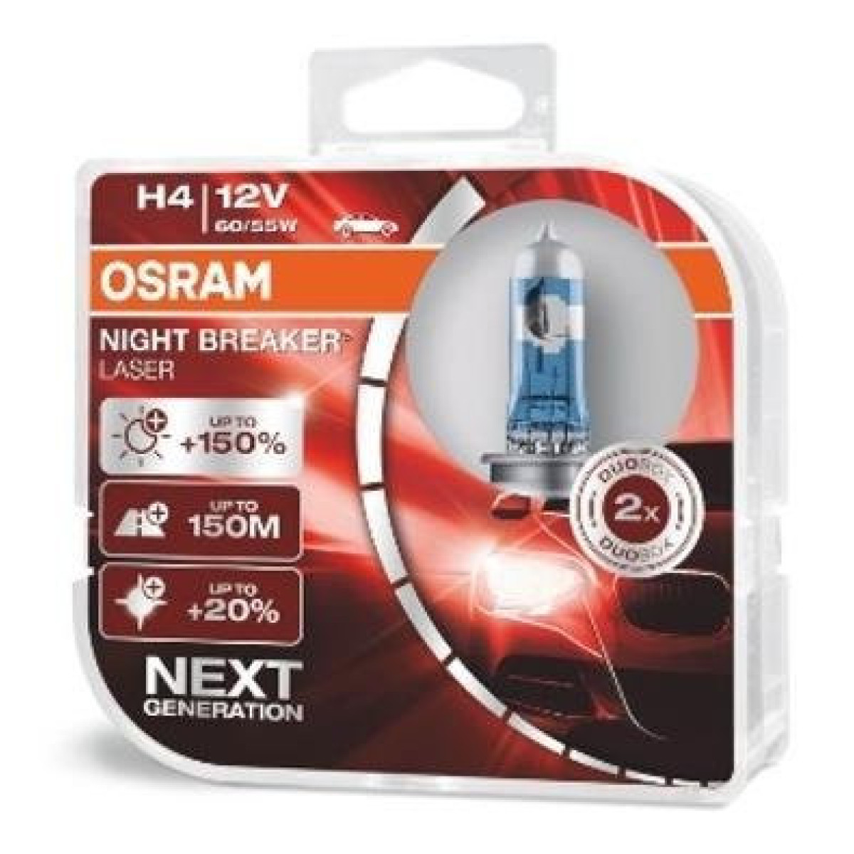 OSRAM Billampor NIGHT BREAKER LASER +150% H4 60/55W 12V P43T, 2 st