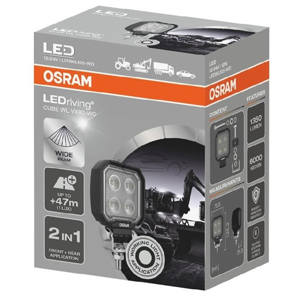 Osram LEDriving® kublampa, WL VX80-WD 12/24V 12W 47m, lång ljuskägla, 1350lm