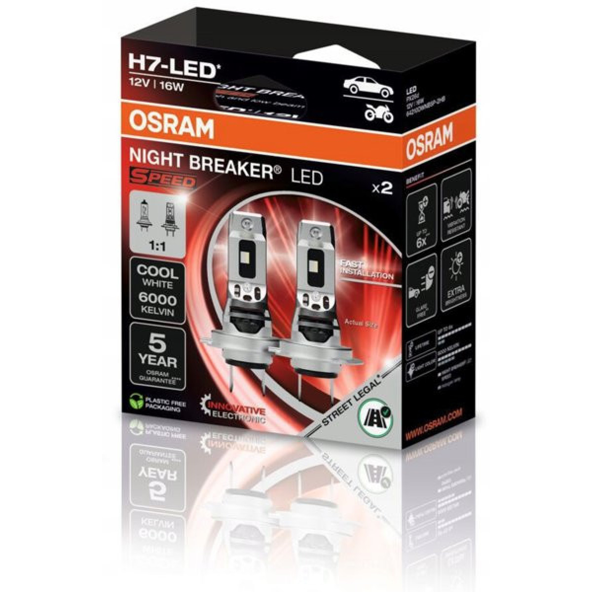 OSRAM Billampor NIGHT BREAKER LED H7 Street Legal Speed 16W 6000K, 2 st