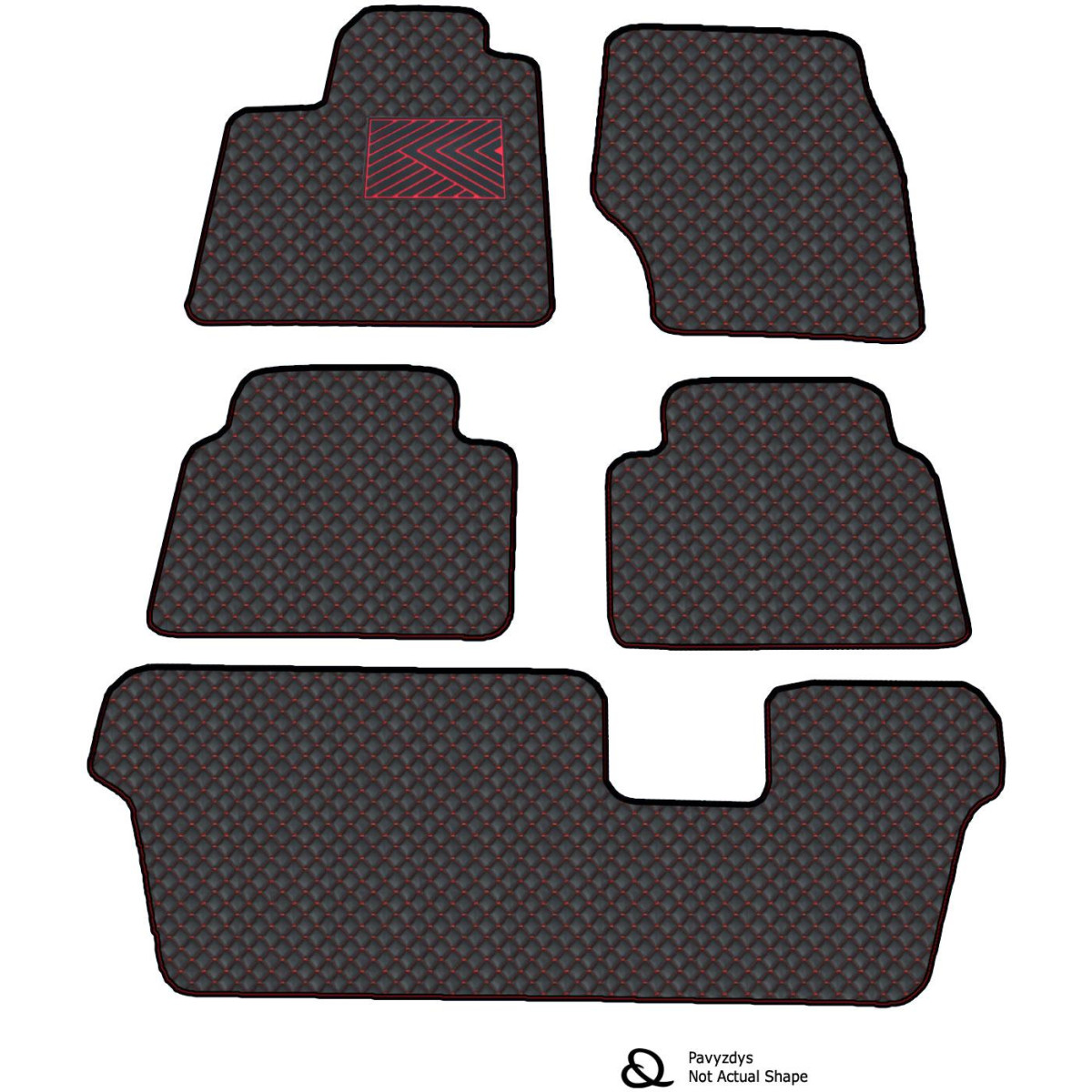 Bilmattor i konstläder QuiltyMats VOLKSWAGEN TOURAN 2003-2015 (7v., I, IIochIII eilės) (Svart / röda sömmar)