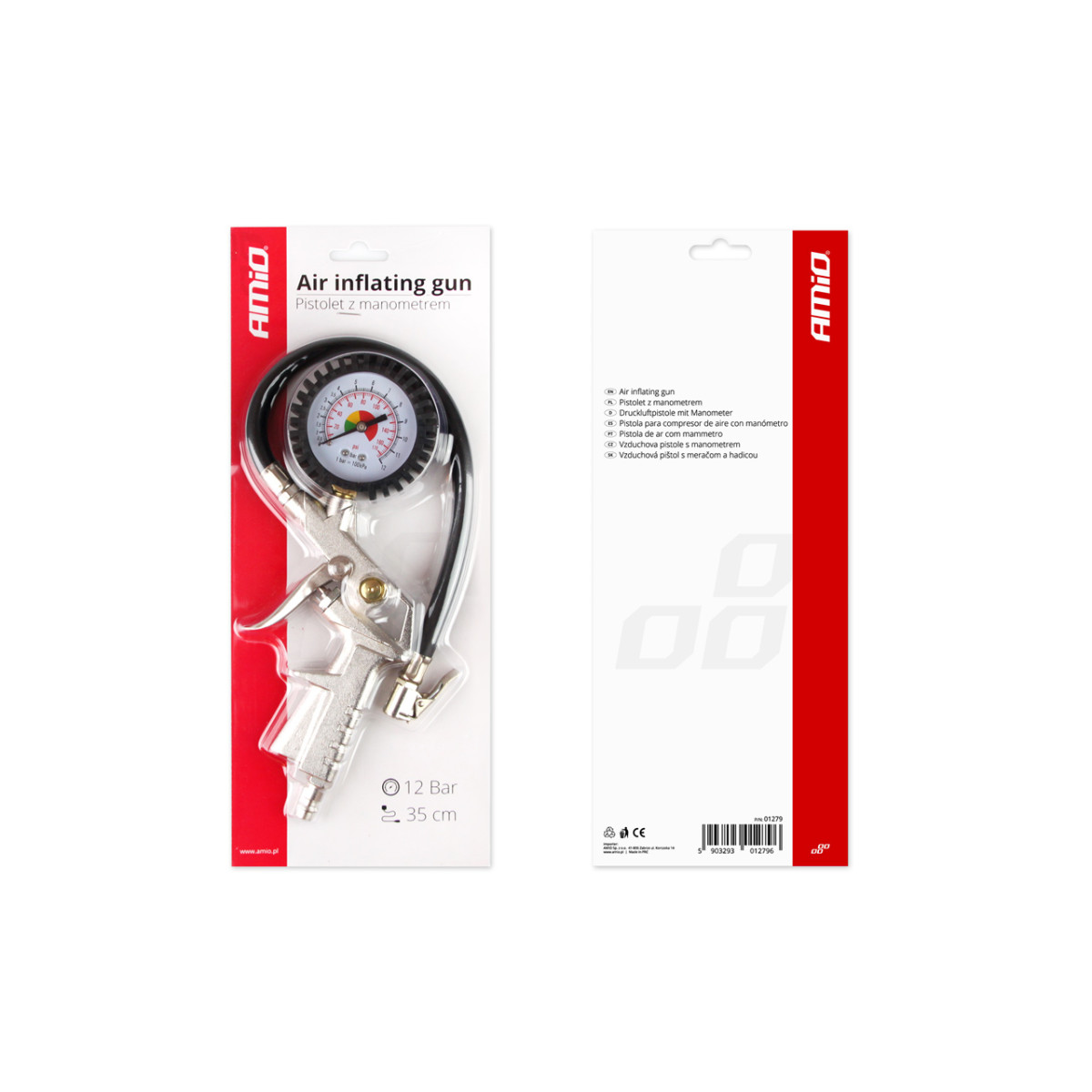 Däckpåfyllningspistol med tryckmätare 12 bar AMIO-01279