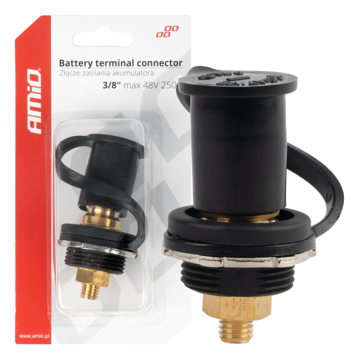 Svart negativ batteriströmkontakt med lock 3/8 M10 12/24/48V 250A, AMIO-03813