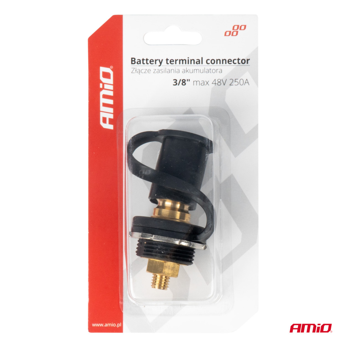 Svart negativ batteriströmkontakt med lock 3/8 M10 12/24/48V 250A, AMIO-03813