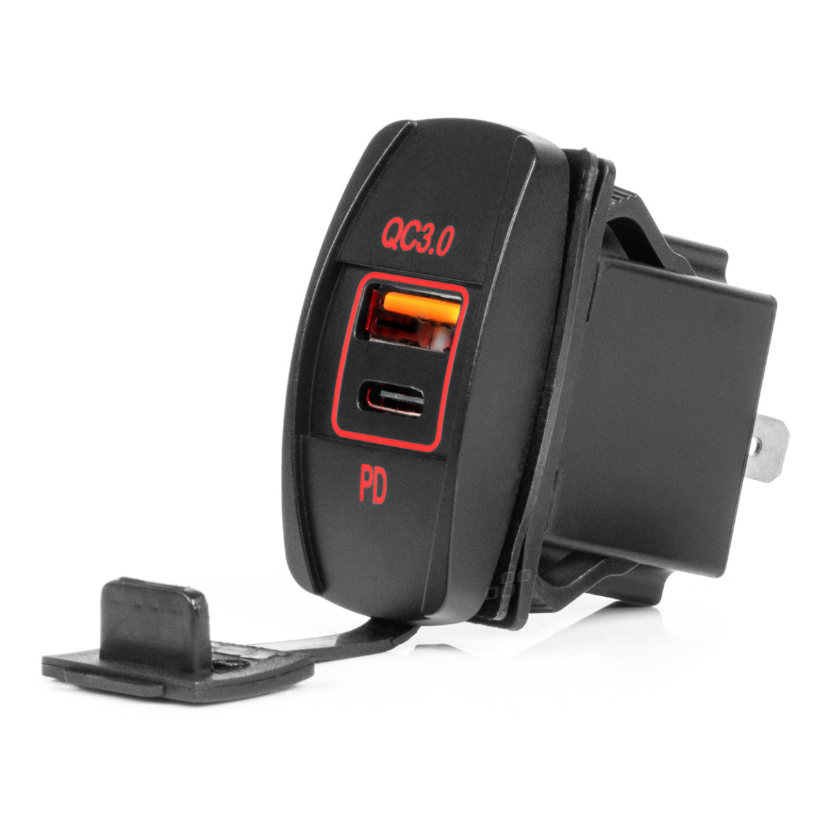 Vattentät telefonladdare med röd LED-belysning, USB + USB C QC3.0 12/24V AMIO-04229