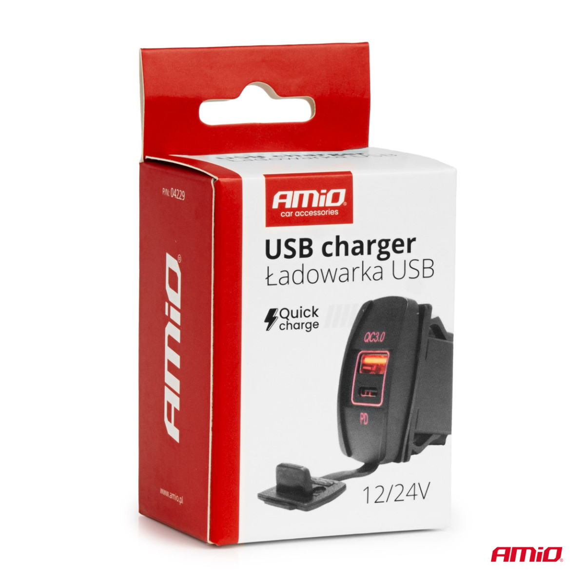 Vattentät telefonladdare med röd LED-belysning, USB + USB C QC3.0 12/24V AMIO-04229