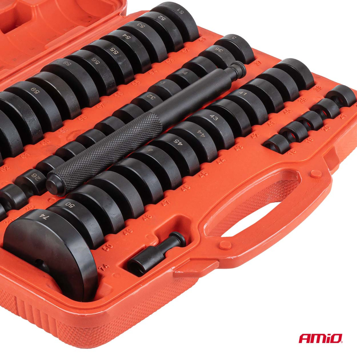 Verktygssats för montering och demontering av bussningar, lager och tätningar, 52 delar. AMIO-04771