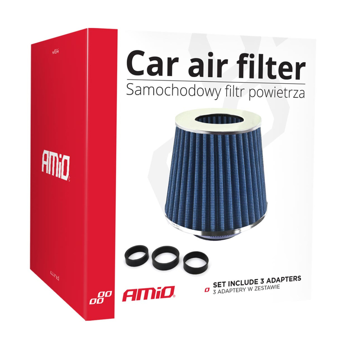 Koniskt luftfilter för bil, universal, blå, med 3 adaptrar, AMIO-02458