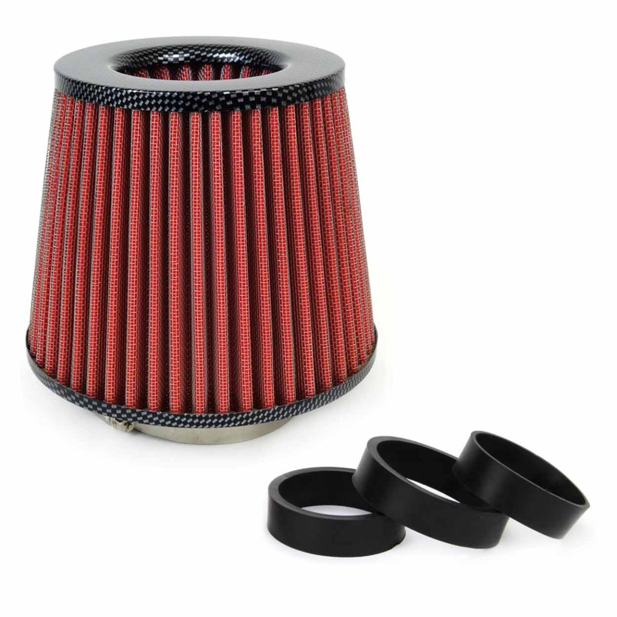Koniskt luftfilter för bil, universal, röd/carbon, med 3 adaptrar, AMIO-01713