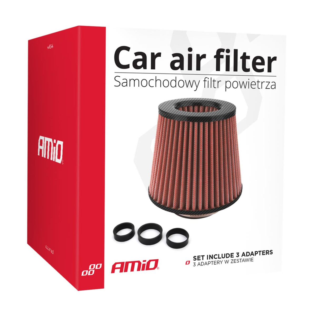 Koniskt luftfilter för bil, universal, röd/carbon, med 3 adaptrar, AMIO-01713