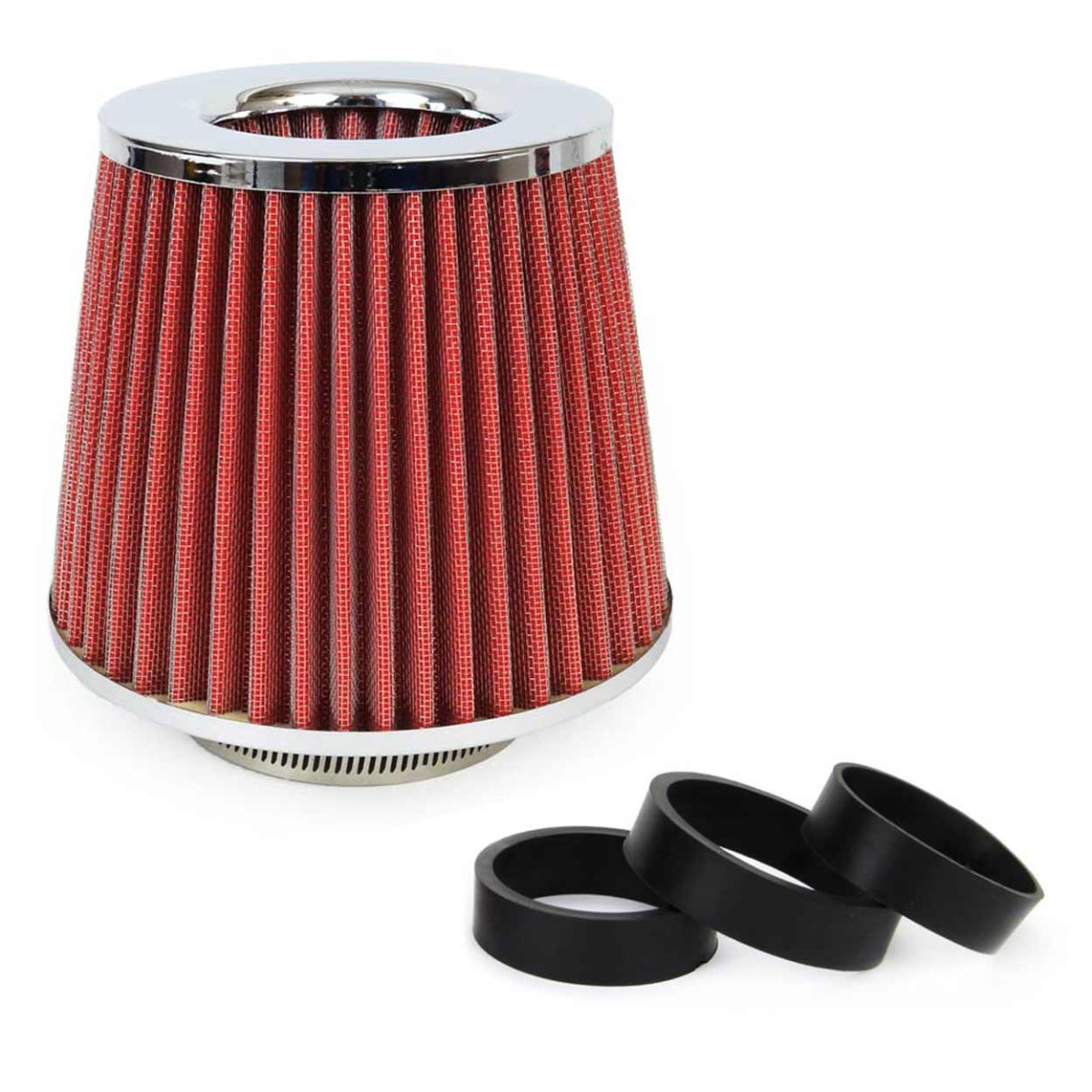 Koniskt luftfilter för bil, universal, röd/krom, med 3 adaptrar, AMIO-01282