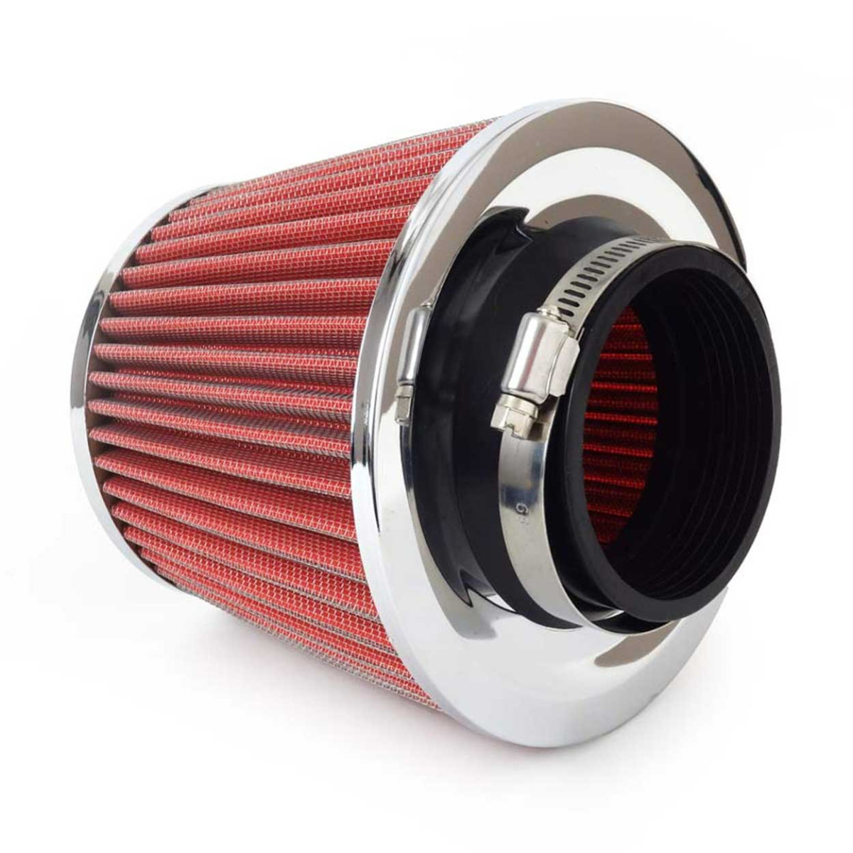 Koniskt luftfilter för bil, universal, röd/krom, med 3 adaptrar, AMIO-01282
