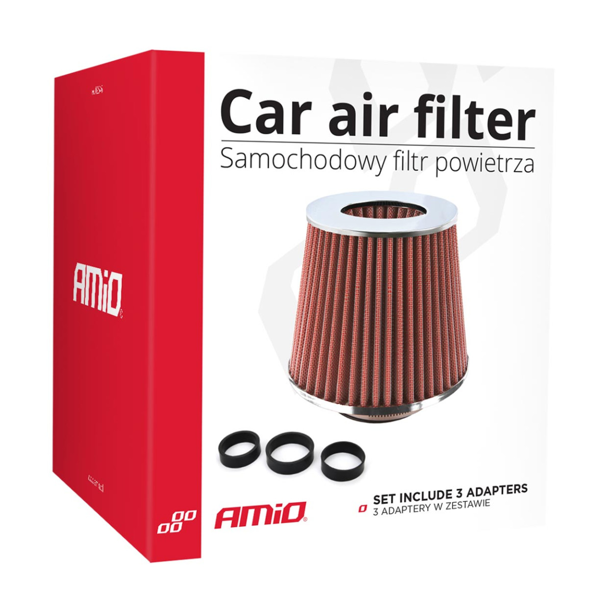 Koniskt luftfilter för bil, universal, röd/krom, med 3 adaptrar, AMIO-01282