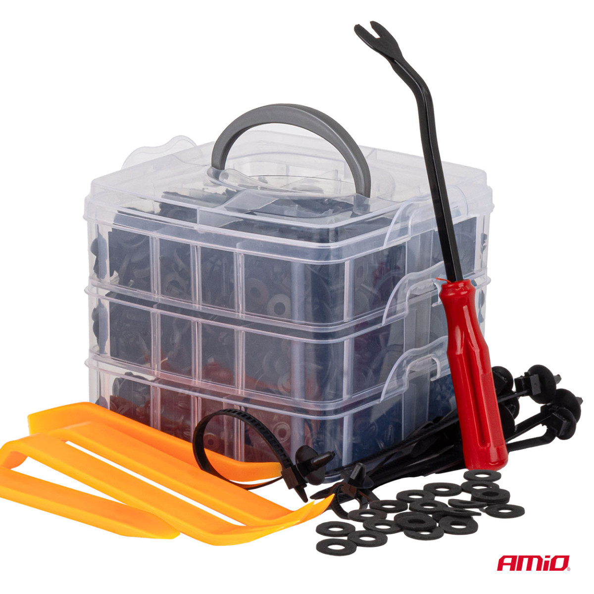 Bilkrok och klädselhållarset med utdragningsverktyg, 650 delar, AMIO-04433