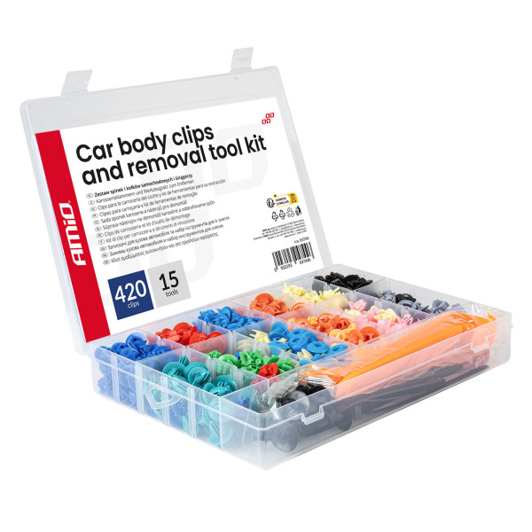 Bilfäststift och klämmor med utdragare, 420+15 st. AMIO-04744