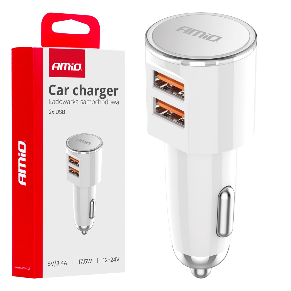 Billaddare 2x USB-A 3.4A 12/24V AMiO-03888