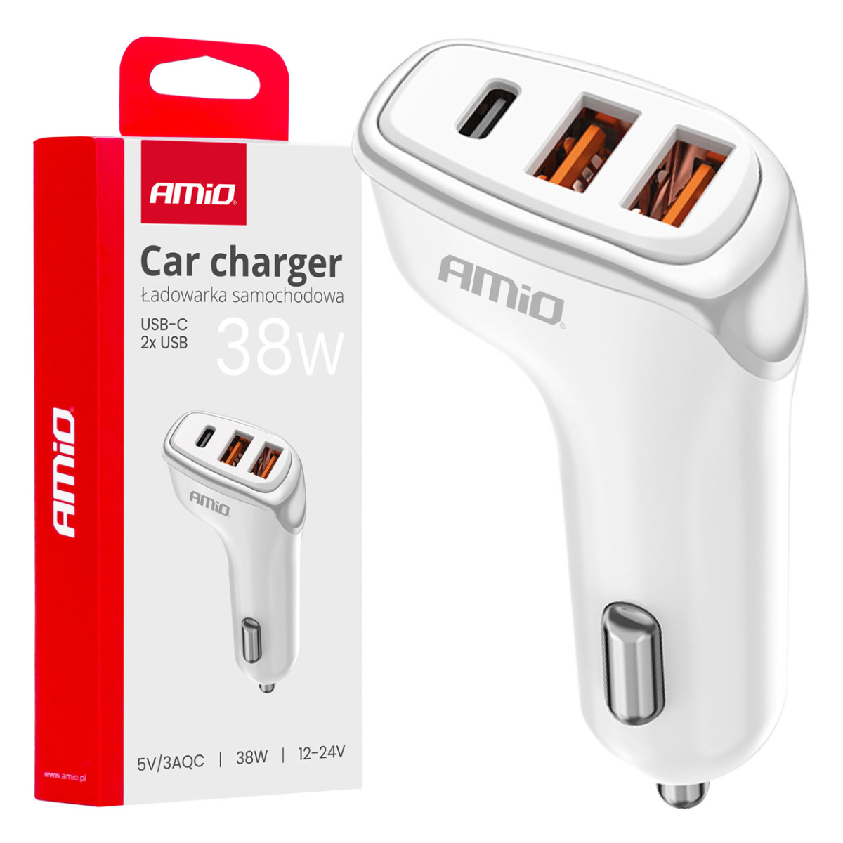 Billaddare 2x USB-A + USB-C 38W 12/24V AMiO-03886