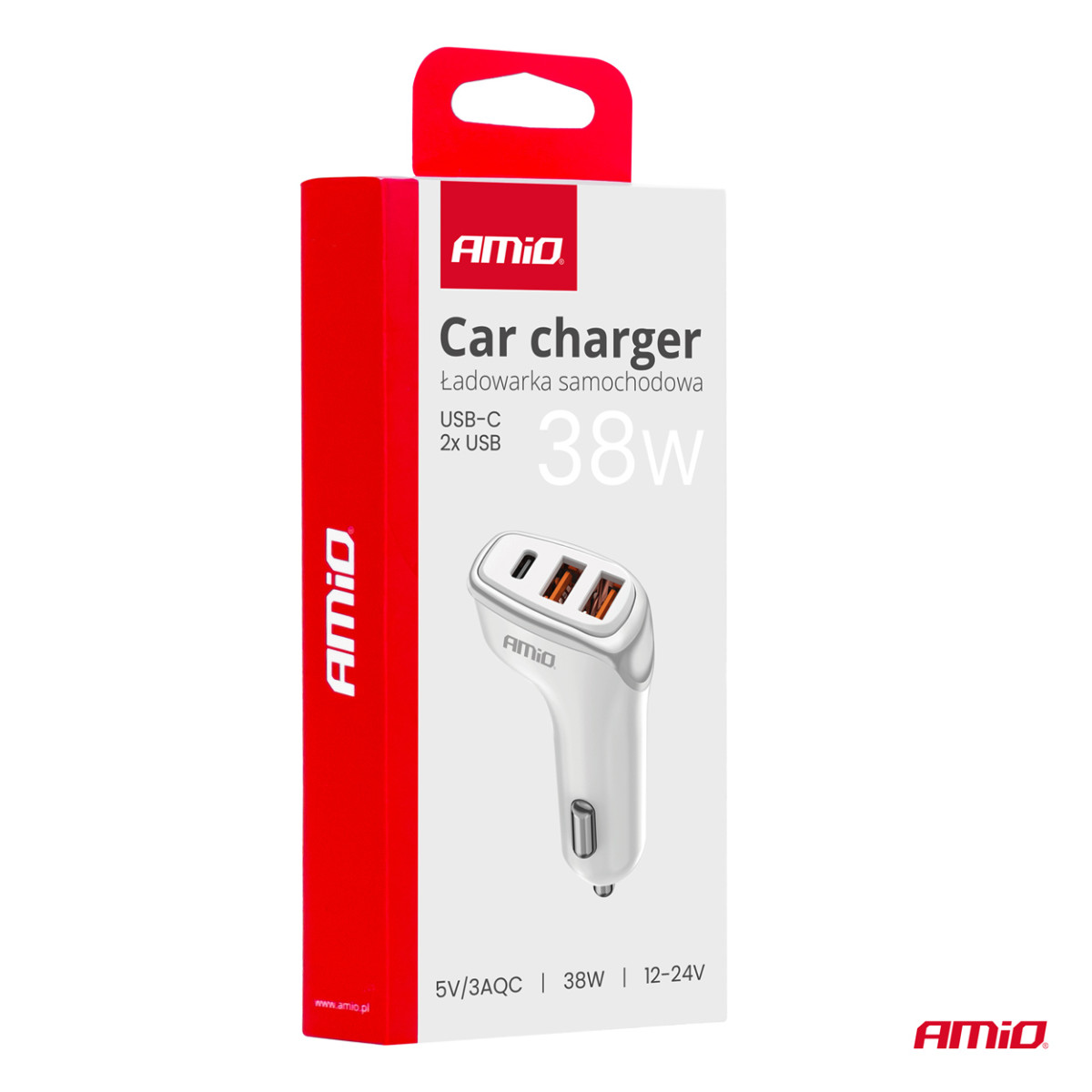 Billaddare 2x USB-A + USB-C 38W 12/24V AMiO-03886