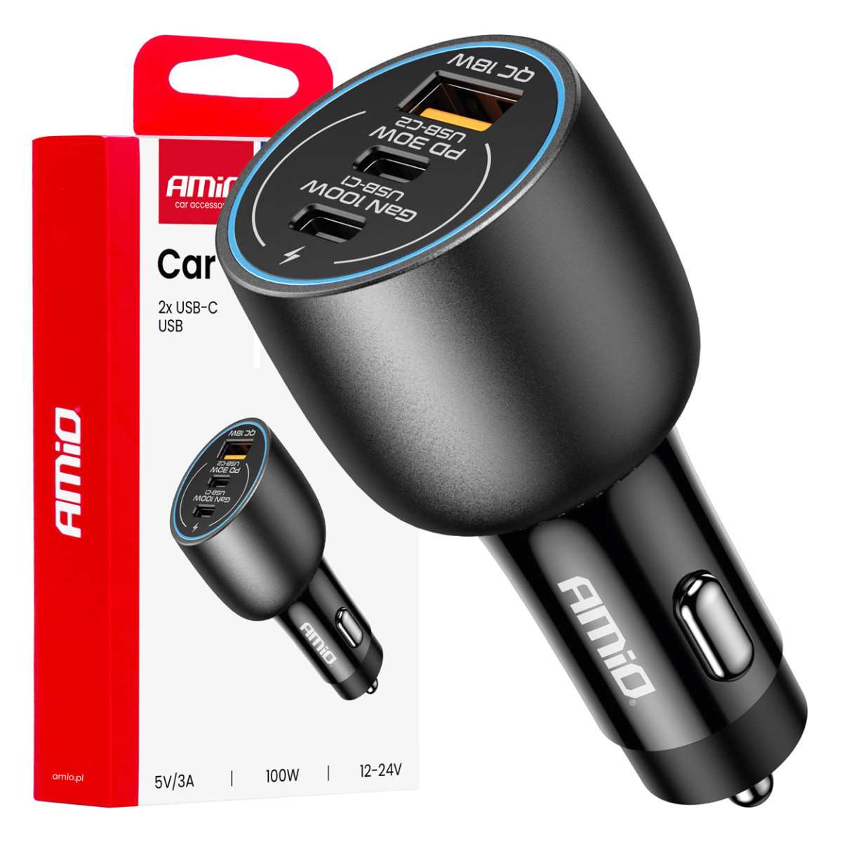 Billaddare 2x USB-C + USB-A 12/24V 100W AMIO-04371