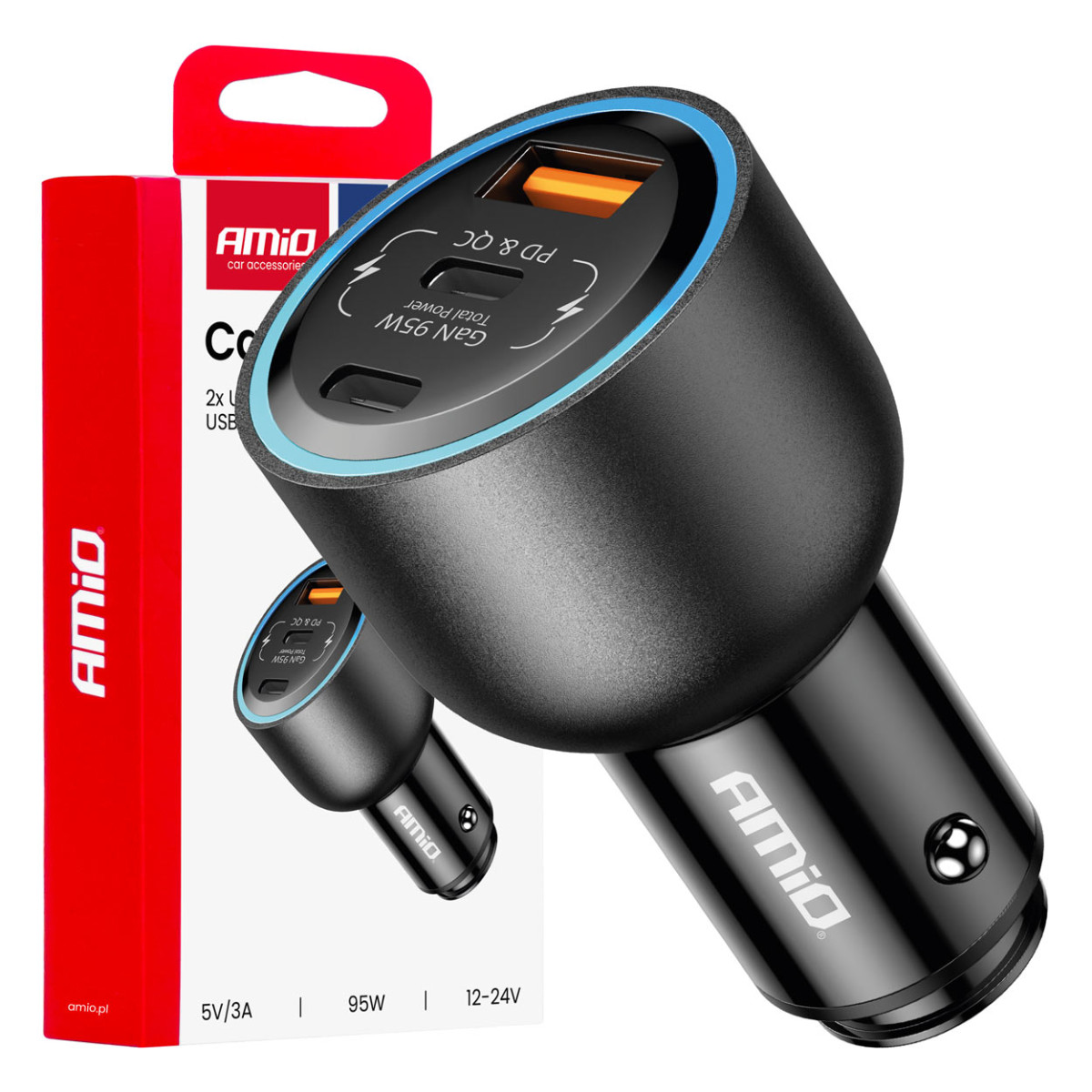 Billaddare 2x USB-C + USB-A 12/24V 95W AMIO-04372