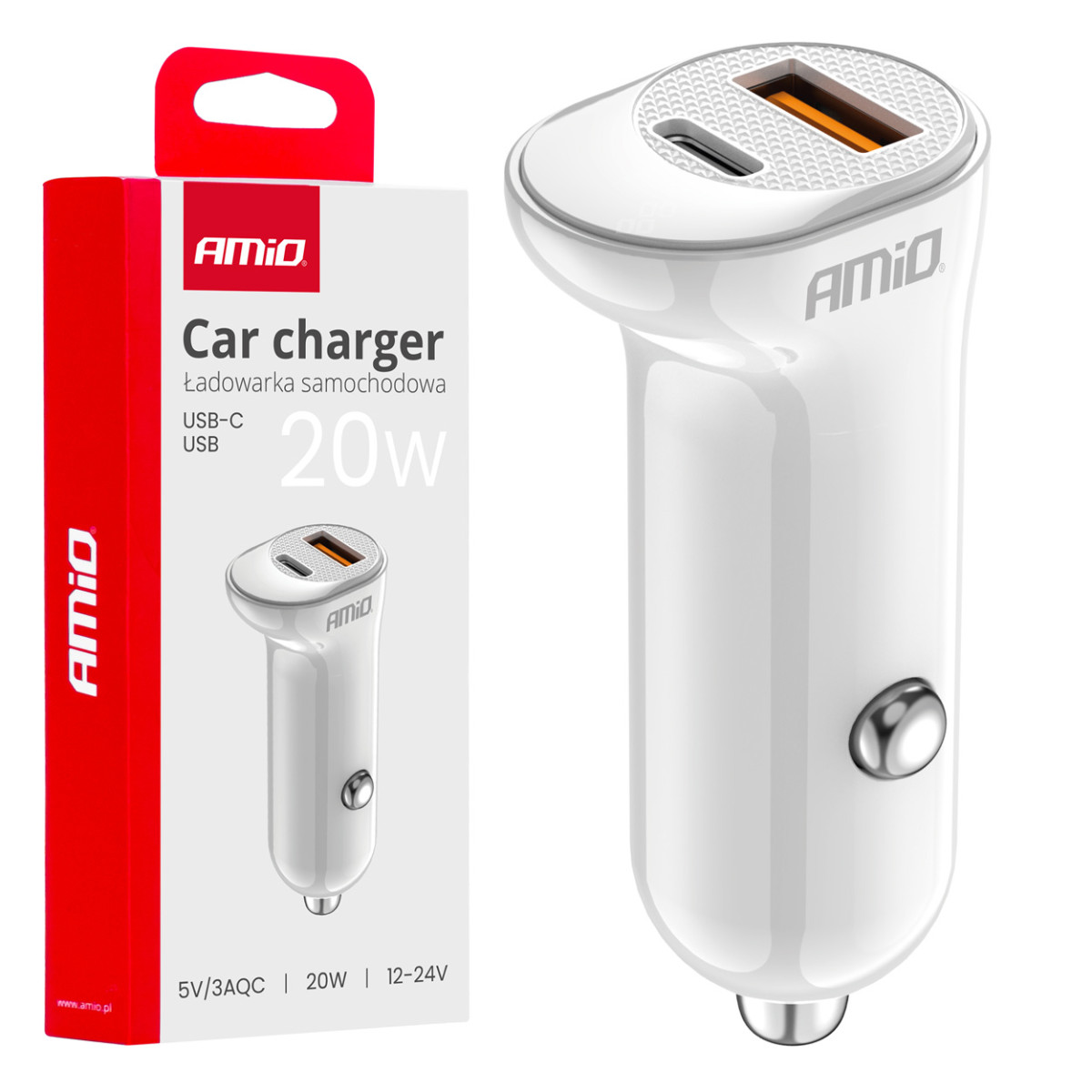 Billaddare USB-A+ USB-C 20W 12/24V AMiO-03875