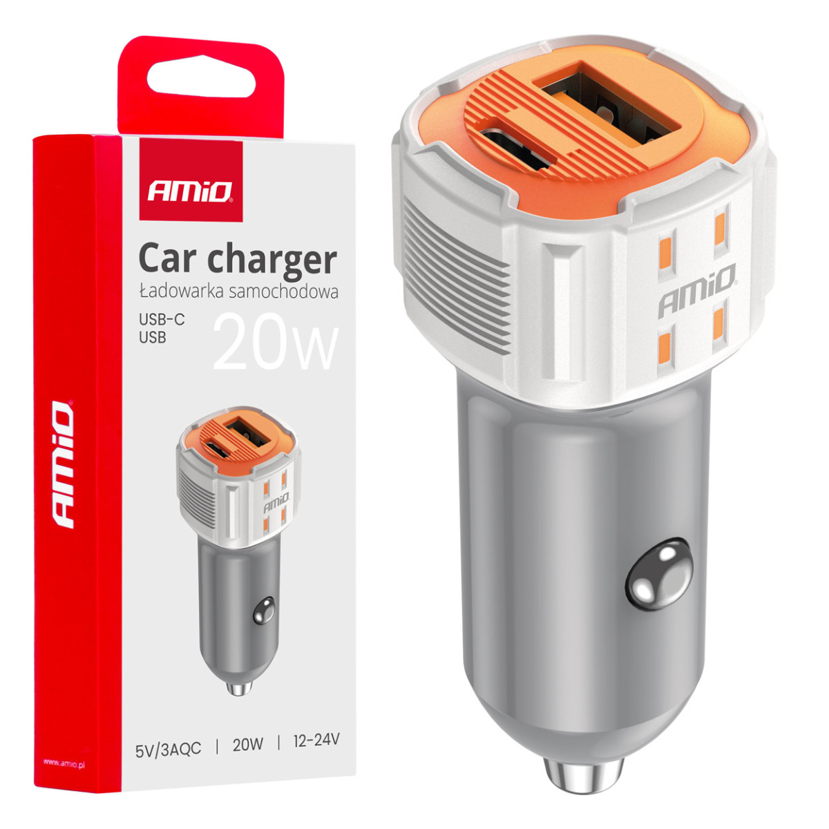 Billaddare USB-A + USB-C 20W 12/24V AMiO-03882