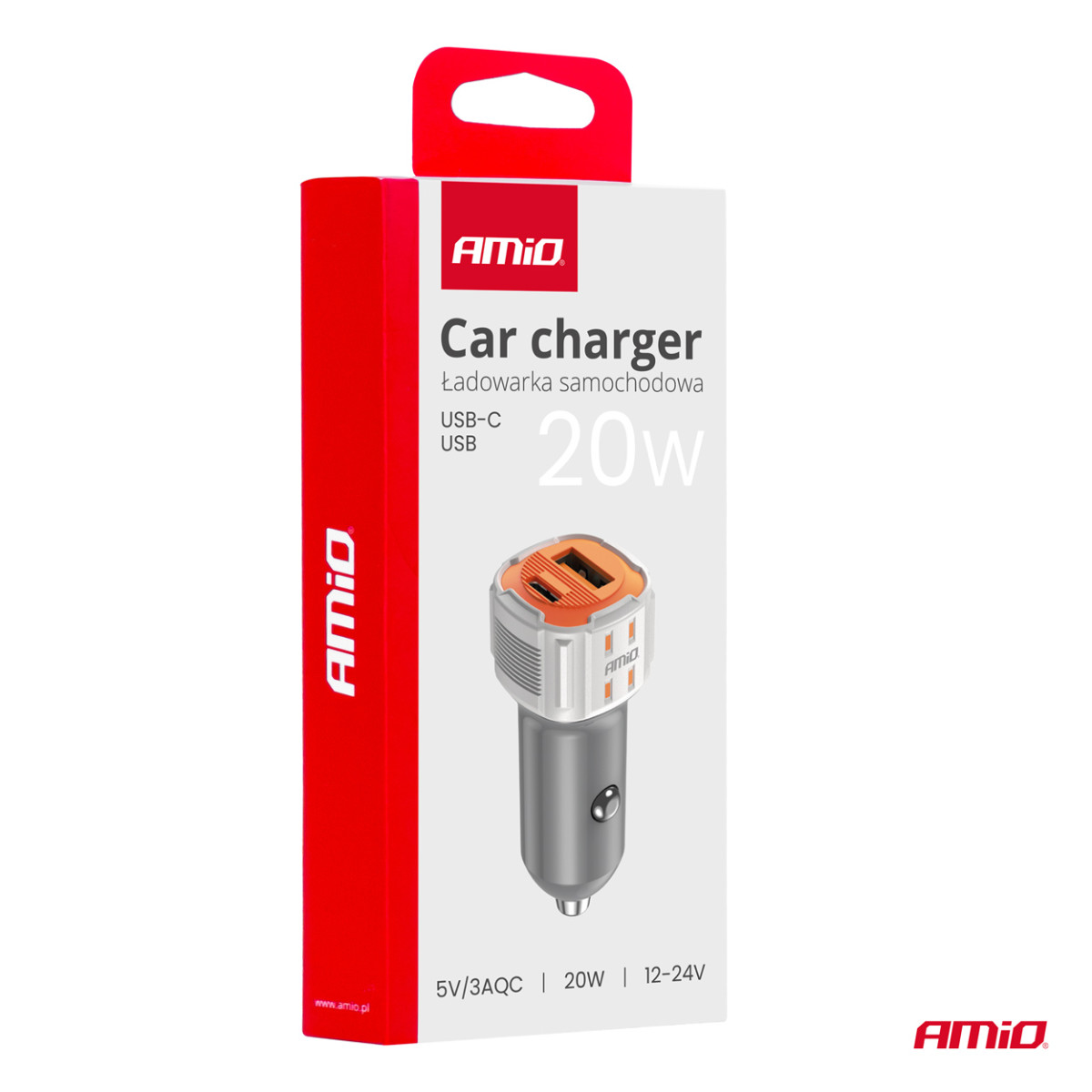 Billaddare USB-A + USB-C 20W 12/24V AMiO-03882