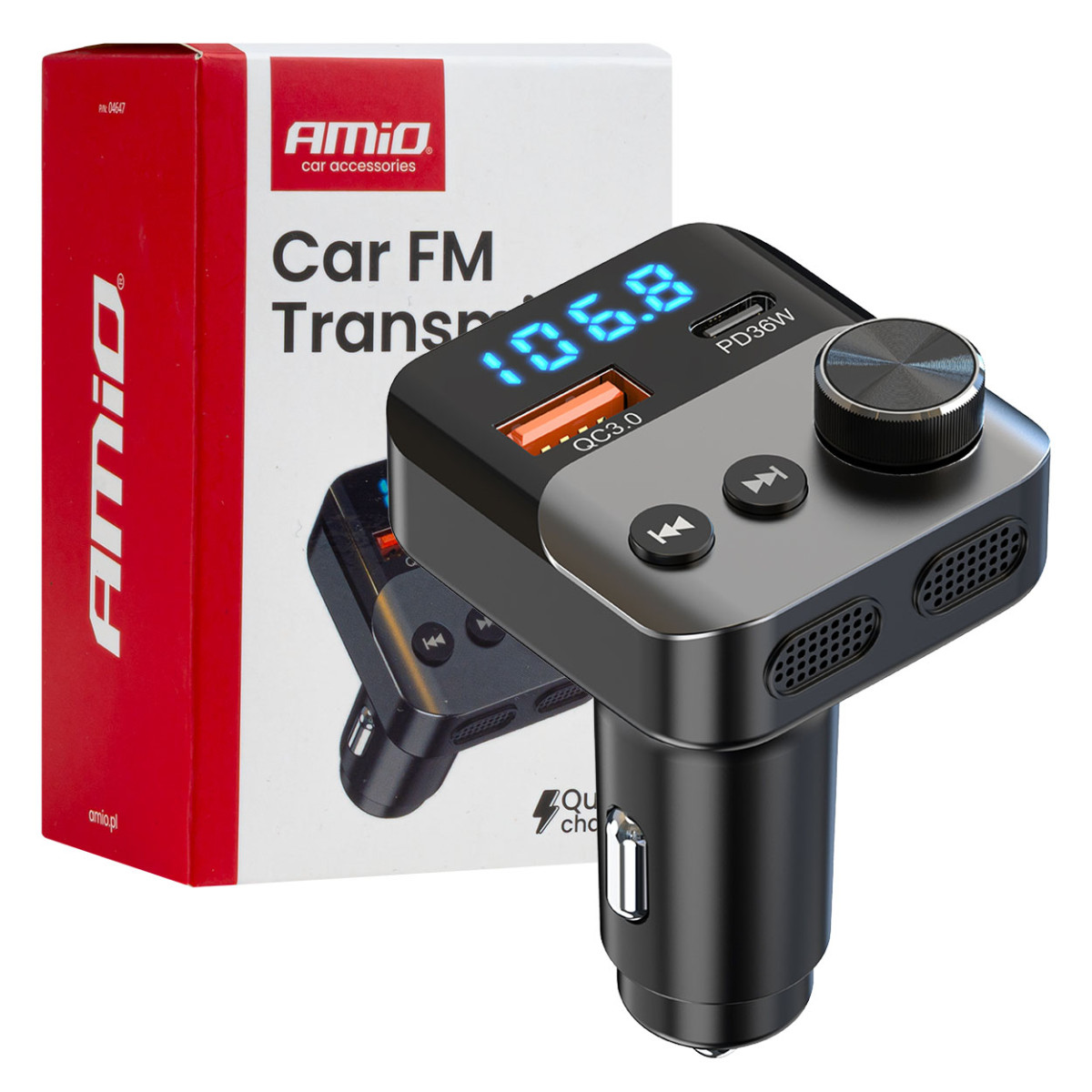 Bil FM-sändare, 1×USB-A 1×USB-C 12V 24V AMIO-04647