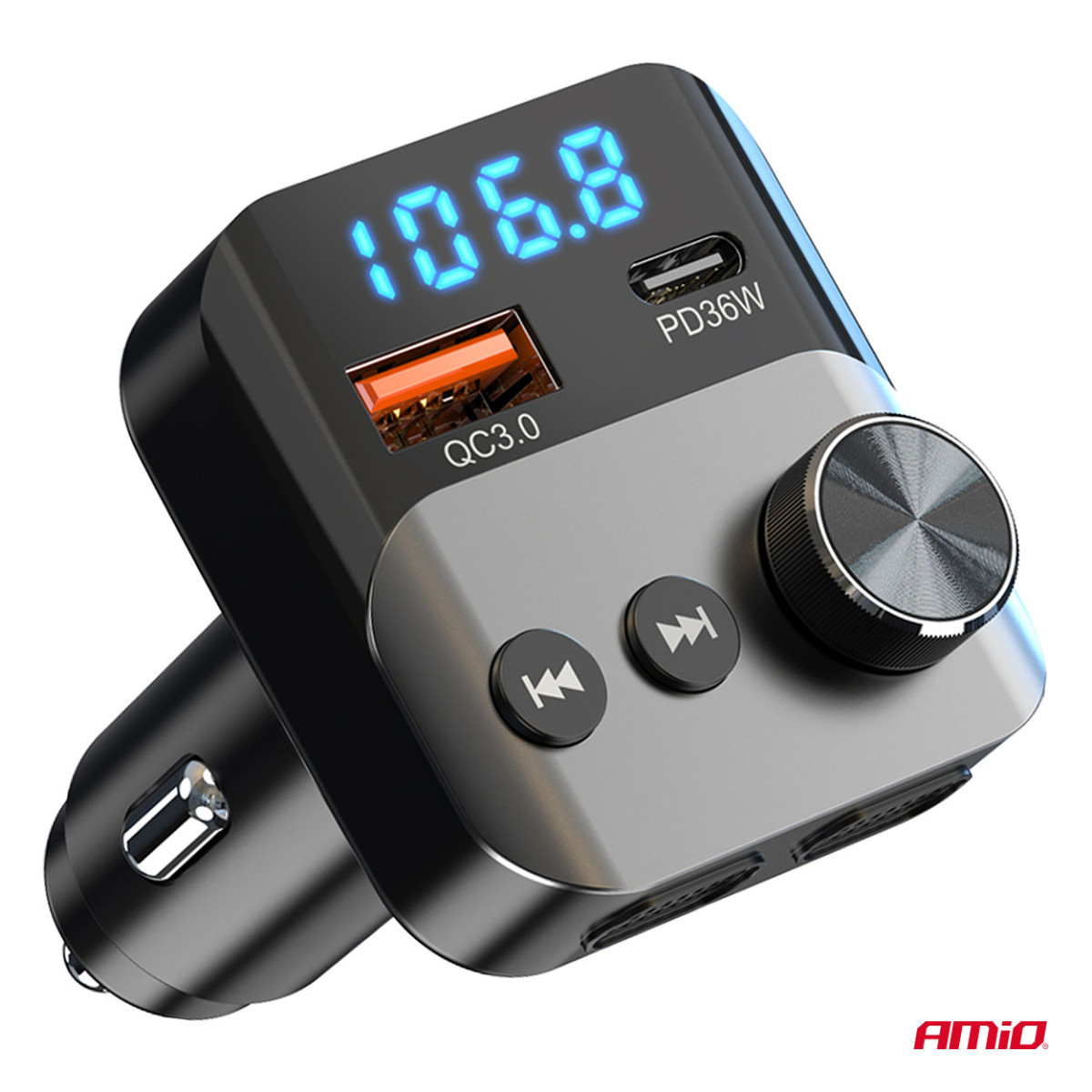 Bil FM-sändare, 1×USB-A 1×USB-C 12V 24V AMIO-04647