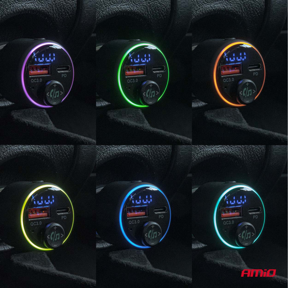 Bil FM-sändare, 1×USB-A 1×USB-C 12V 24V AMIO-04655