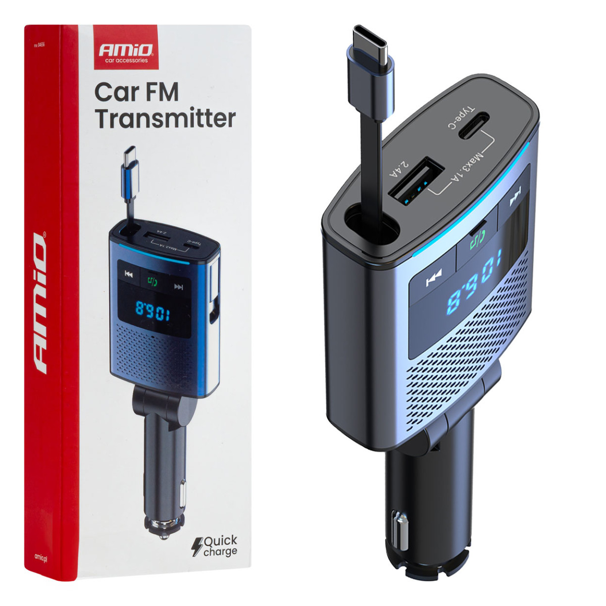 Bil FM-sändare, 1×USB-A 1×USB-C 12V 24V AMIO-04656