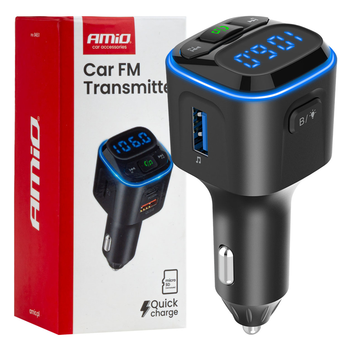 Bil FM-sändare, 1×USB-A 2×USB-C 12V 24V AMIO-04651