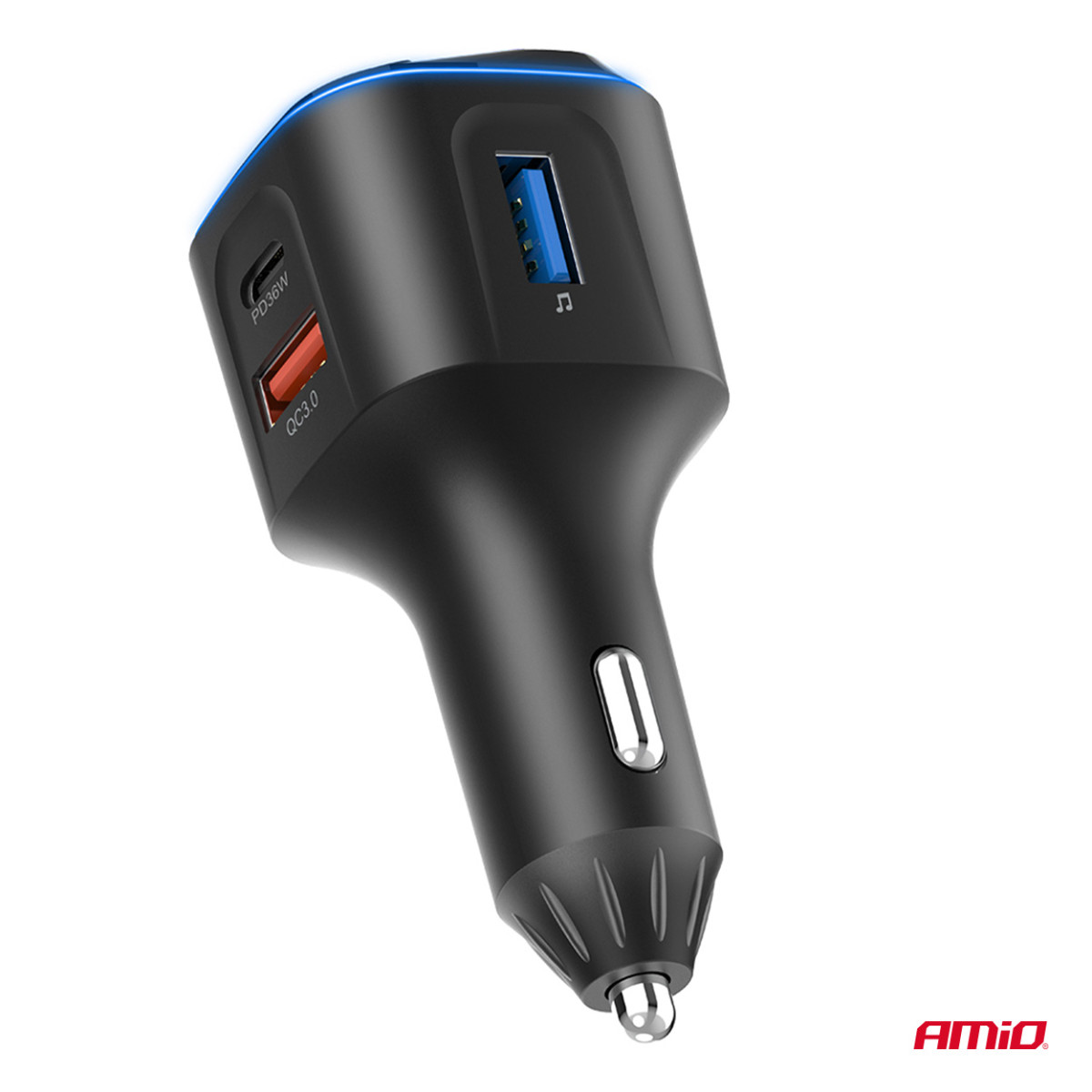 Bil FM-sändare, 1×USB-A 2×USB-C 12V 24V AMIO-04651