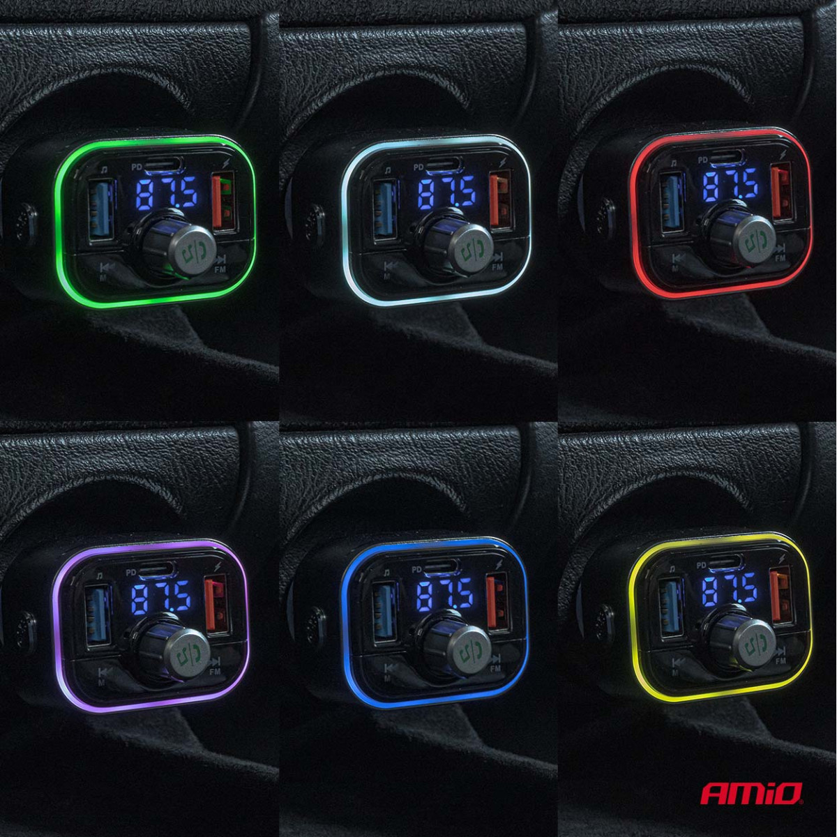 Bil FM-sändare, FM 2×USB-A 1×USB-C microSD 12V 24V AMIO-04652