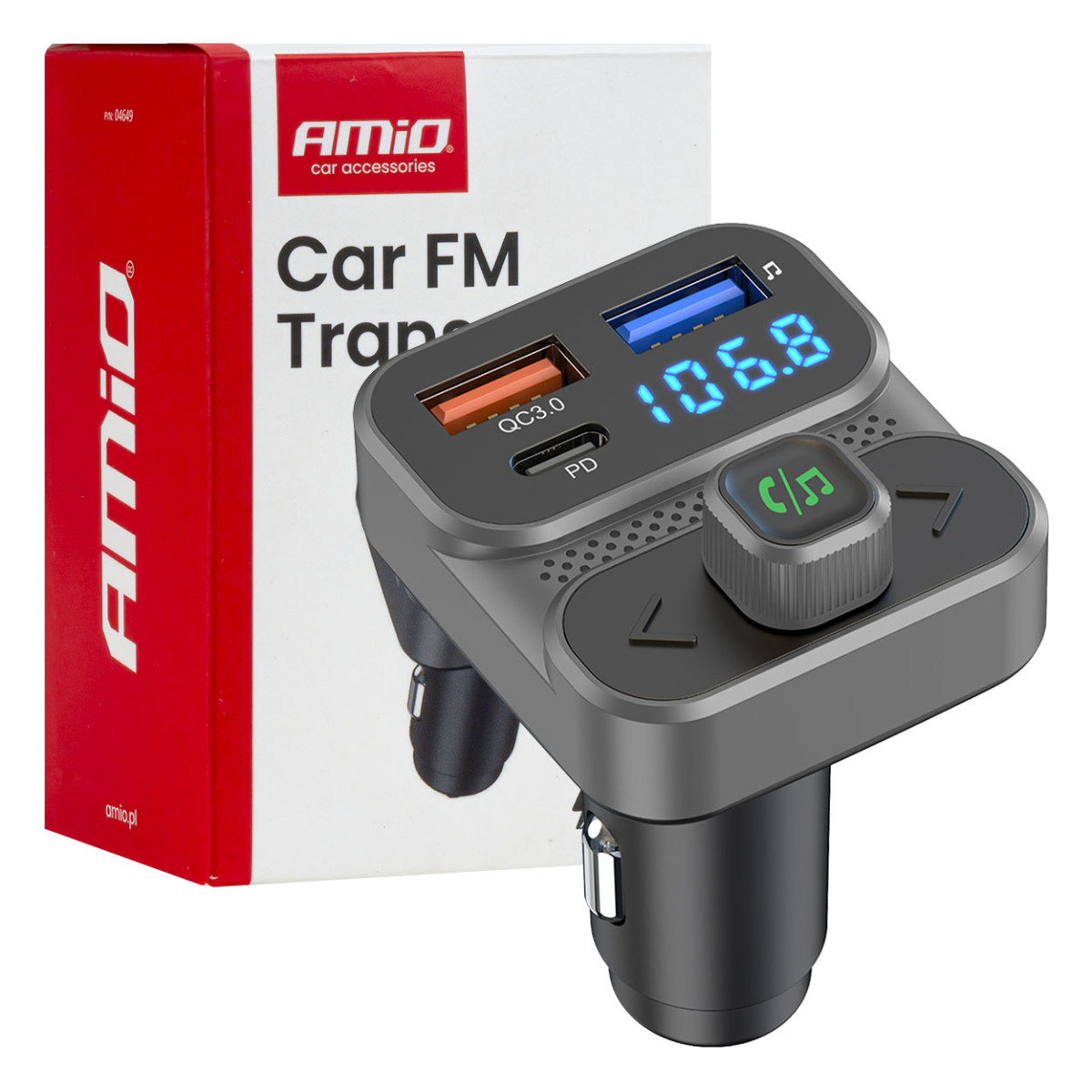 Bil FM-sändare, 2×USB-A 1×USB-C 12V 24V AMIO-04649