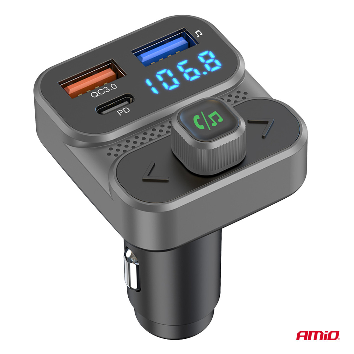 Bil FM-sändare, 2×USB-A 1×USB-C 12V 24V AMIO-04649
