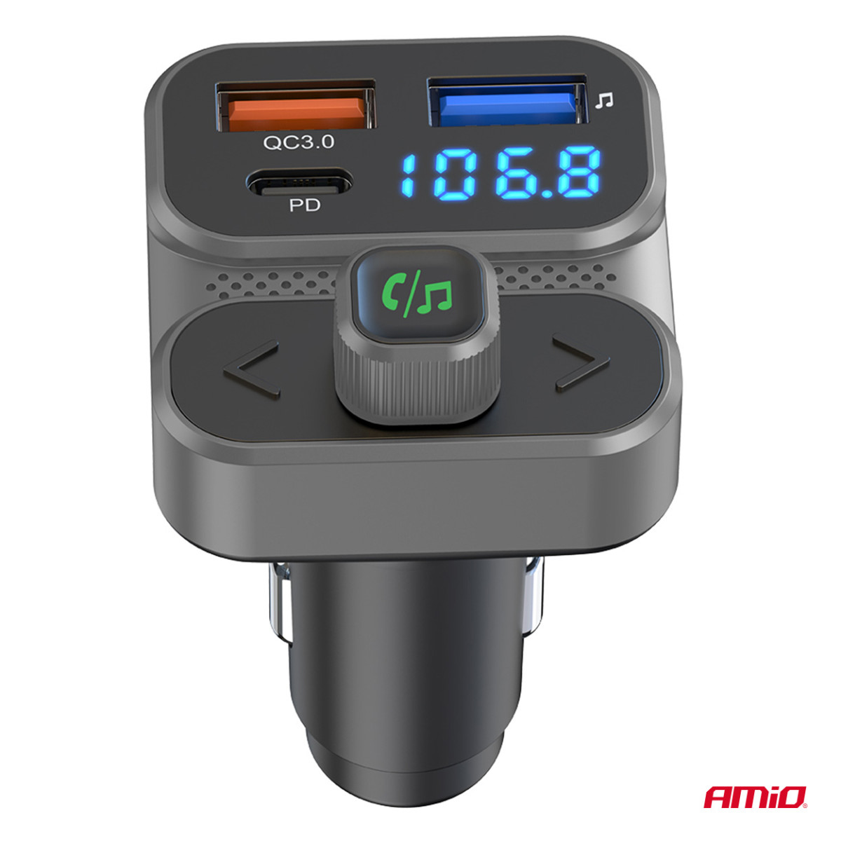 Bil FM-sändare, 2×USB-A 1×USB-C 12V 24V AMIO-04649