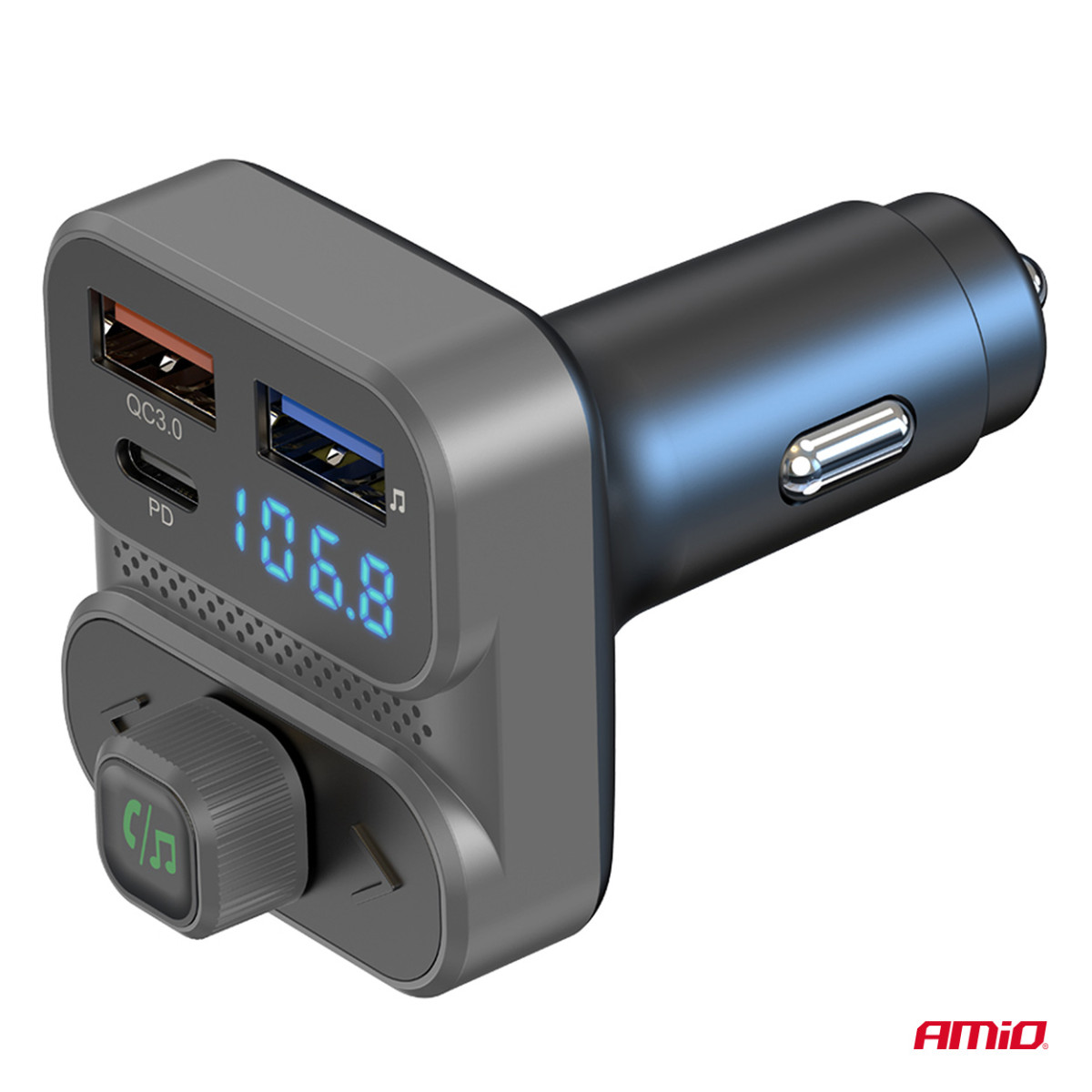 Bil FM-sändare, 2×USB-A 1×USB-C 12V 24V AMIO-04649