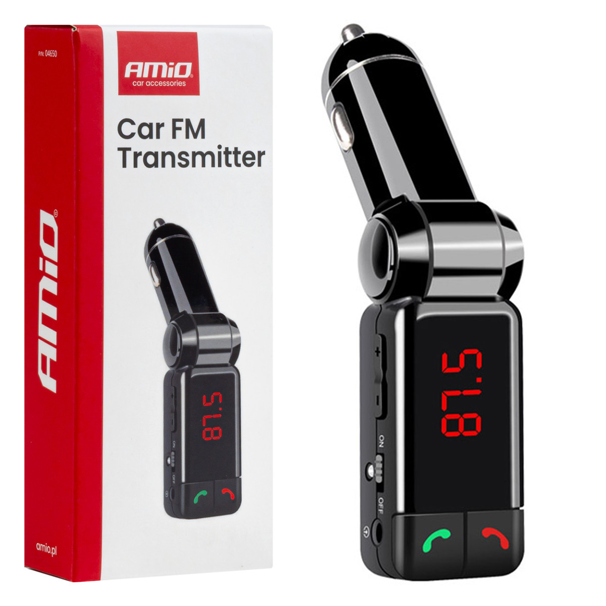 Bil FM-sändare, 2×USB-A 12V 24V AMIO-04650