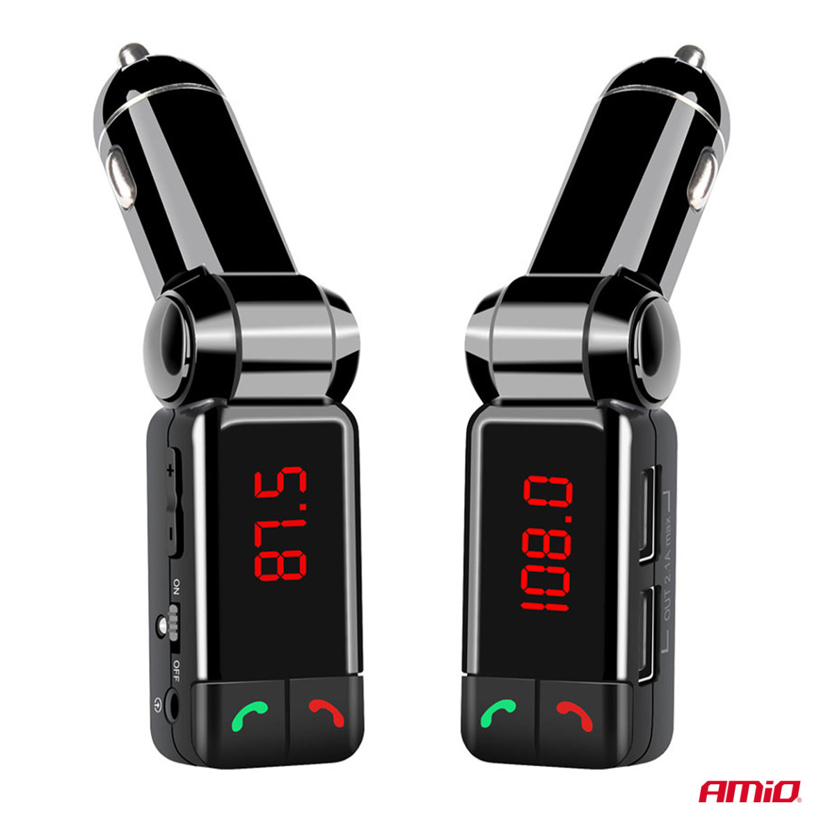 Bil FM-sändare, 2×USB-A 12V 24V AMIO-04650