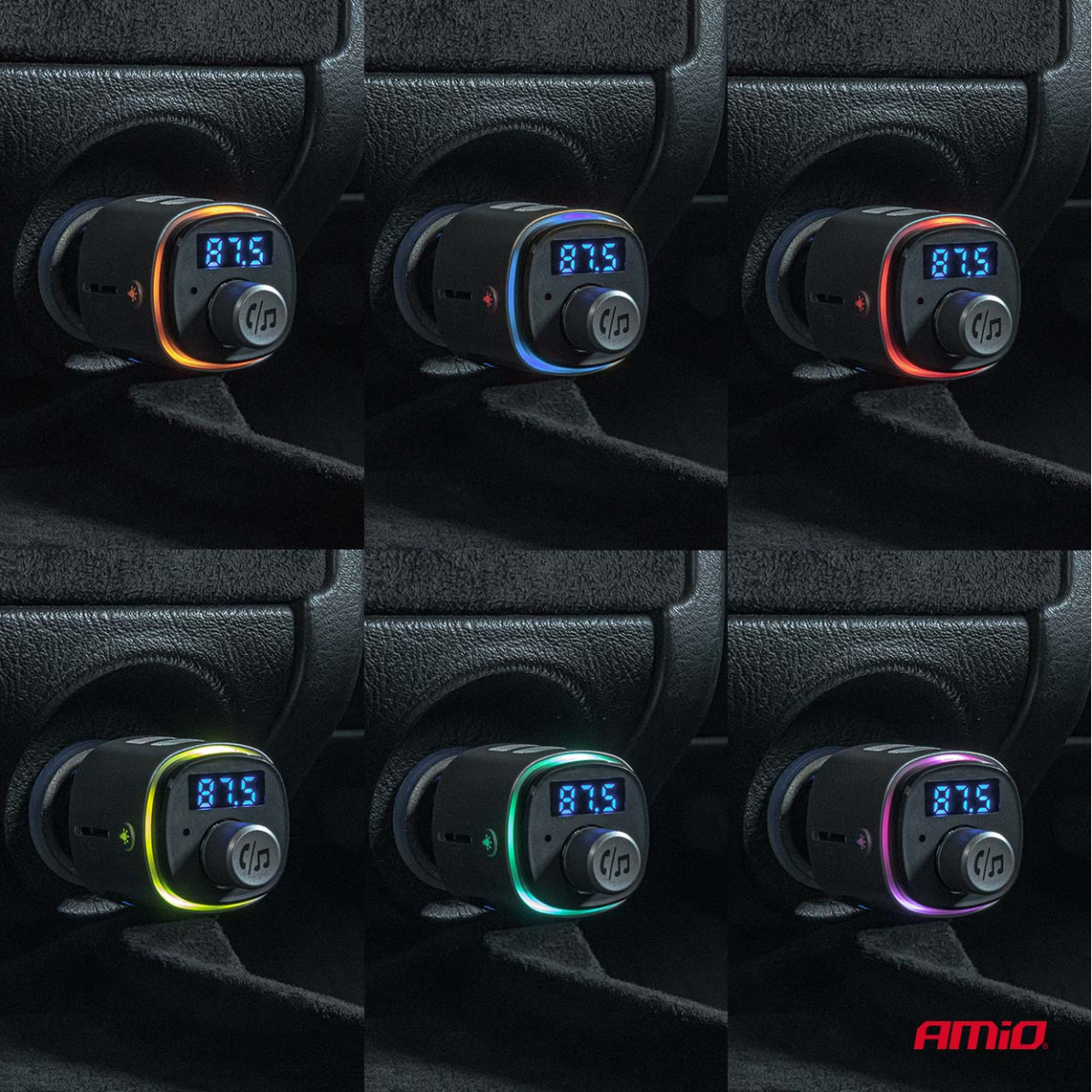 Bil FM-sändare, 2×USB-A microSD 12V 24V AMIO-04654