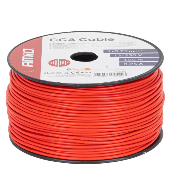 Enkelkärnig CCA-kabel, röd, 1x0,75mm² 100m 3,75A 12/230V AMIO-04450