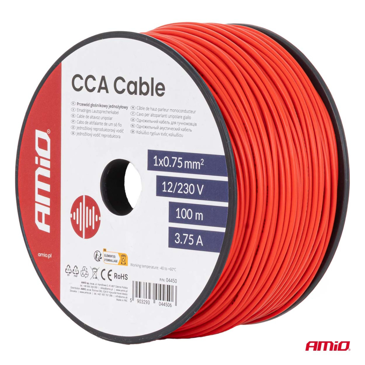 Enkelkärnig CCA-kabel, röd, 1x0,75mm² 100m 3,75A 12/230V AMIO-04450