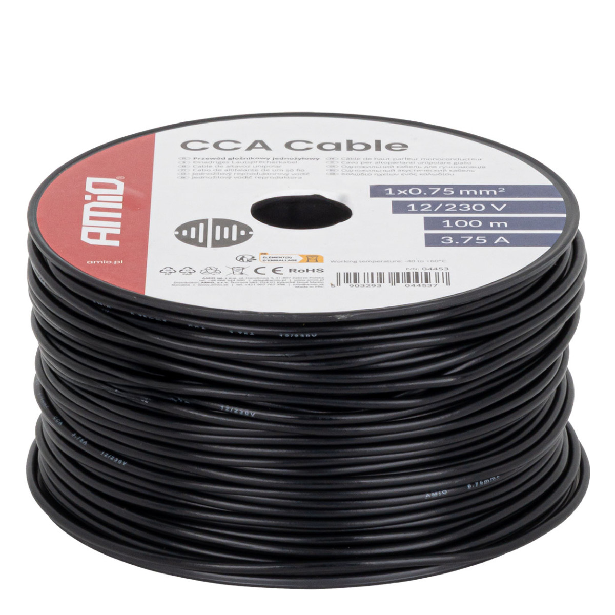 Enkelkärnig CCA-kabel, svart, 1x0,75 mm² 100 m 12/230V AMIO-04453