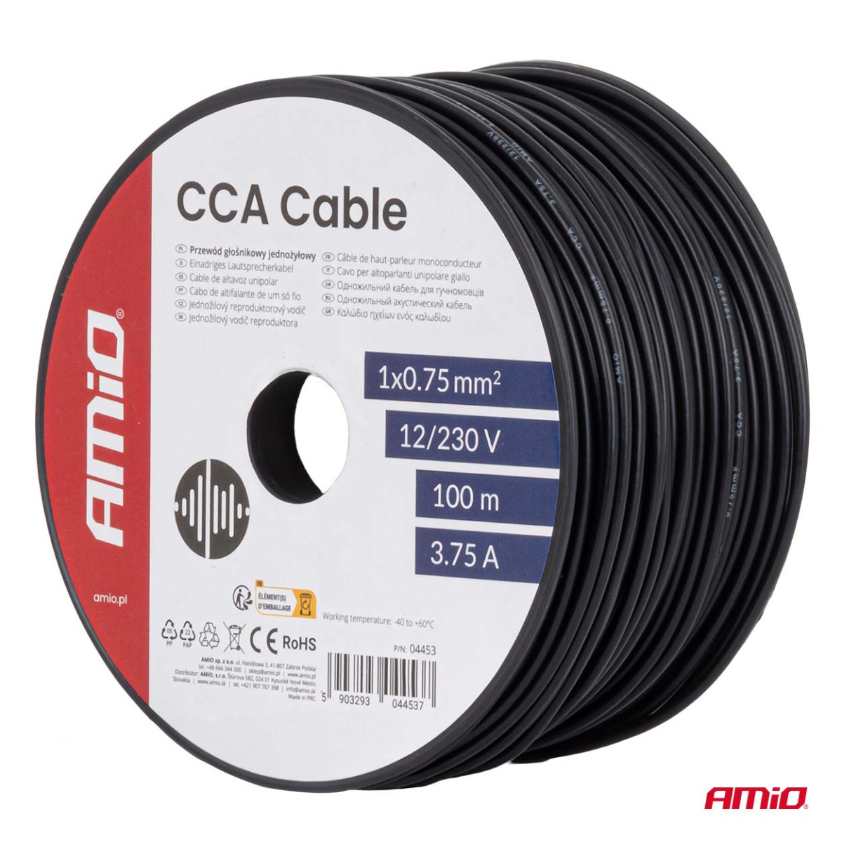 Enkelkärnig CCA-kabel, svart, 1x0,75 mm² 100 m 12/230V AMIO-04453
