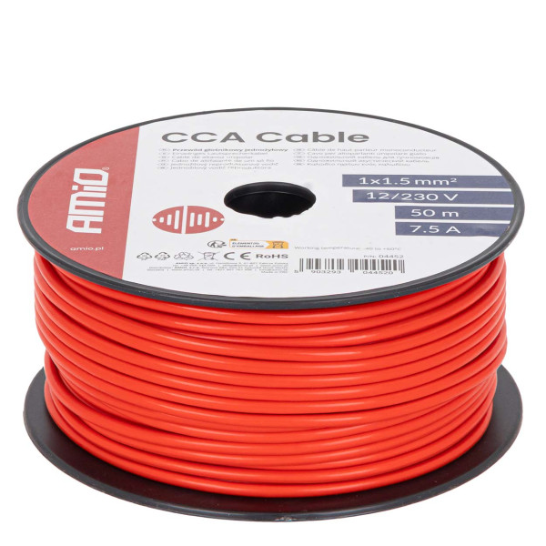 Enkelkärnig CCA-kabel, röd, 1x1,5mm² 50m 7,5A 12/230V AMIO-04452
