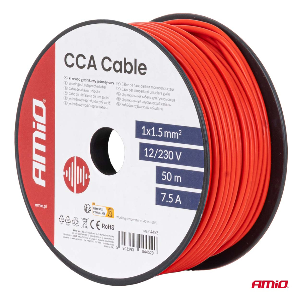 Enkelkärnig CCA-kabel, röd, 1x1,5mm² 50m 7,5A 12/230V AMIO-04452
