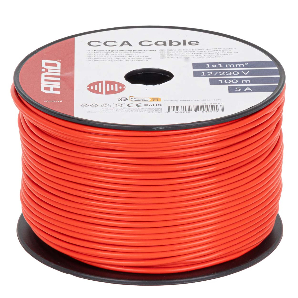 Enkelkärnig CCA-kabel, röd, 1x1mm² 100m 5A 12/230V AMIO-04451
